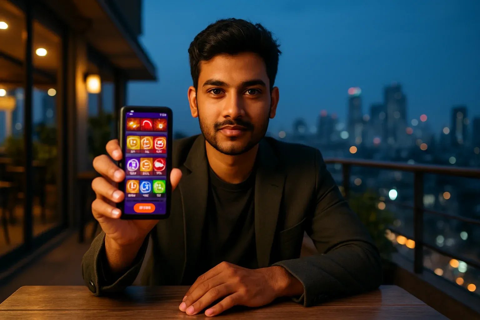 Young professional shows smartphone casino app at Dhaka rooftop cafe blue hour